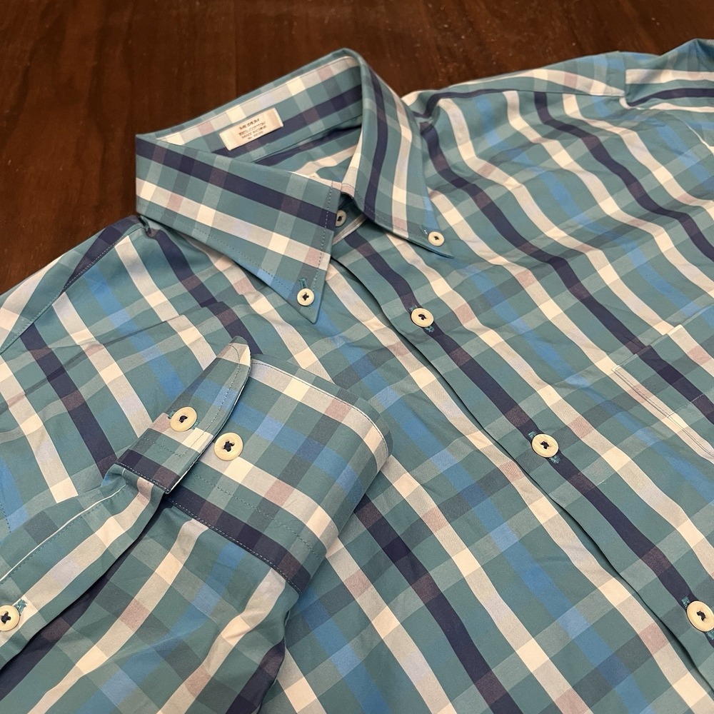 Peter Millar Mens Medium Green Blue Plaid Sutton Cotton Sport Button Down Shirt